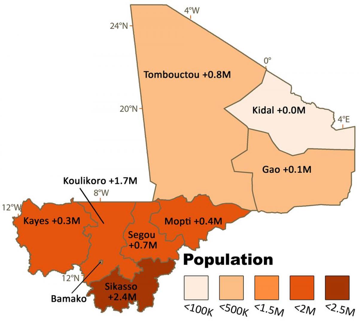 Mapa de Mali poboación